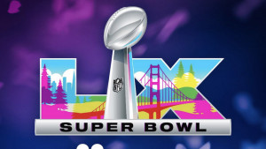 Super Bowl 60 logo: A vibrant, multi-colored design incorporating Roman numerals for the number 60 in pink, purple, yellow, green, red, white, and blue. It prominently showcases Bay Area landmarks like the Golden Gate Bridge and redwood trees.