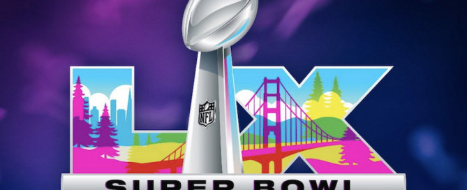 Super Bowl 60 logo: A vibrant, multi-colored design incorporating Roman numerals for the number 60 in pink, purple, yellow, green, red, white, and blue. It prominently showcases Bay Area landmarks like the Golden Gate Bridge and redwood trees.