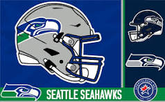 Seahawks helmet logo: Northwest Coast Indigenous-inspired depiction of an osprey (fish hawk) in profile, designed to mimic a Kwakwaka’wakw transformation mask. It features a sharp, aggressive, forward-facing raptor head in dark blue, silver, and neon green, with a signature bent, open-beak shape that signifies a thunderbird. 