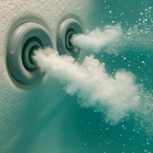 Close up of two spa massage jets inside a hot tub with water pulsating out in force