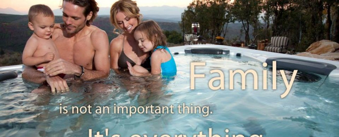 Family enjoying hot tub with beautiful scenic views of mountains and the photo says "Family is not an important thing. It's everything."