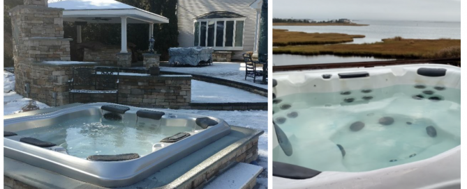 Two photos: On left a lovely upscale yard in snow-covered landscape at a Long Island neighborhood with a hot tub set in a cement case near an outdoor kitchen; right: A hot tub with clear water is set on a property overlooking a beautiful waterway