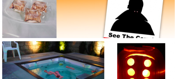 Hot Tub Halloween: (L-R) Pumpkin-Spiced Spa Scents; Lawn Posters; Spa Floaters (Fair-Lane Hotel); Carved Pumpkins