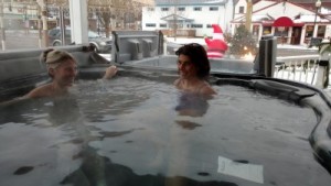 Take a ‘Wet Test’ Before Purchasing: Here’s two ladies enjoying “wet test” at Best Hot Tubs/Windham, NY.