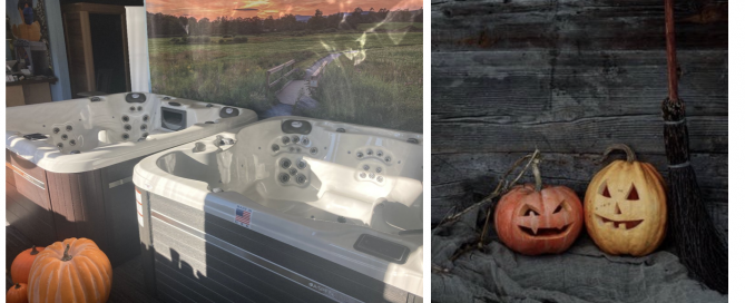 Hot tubs for sale in showroom decorated for fall; Halloween pumpkins