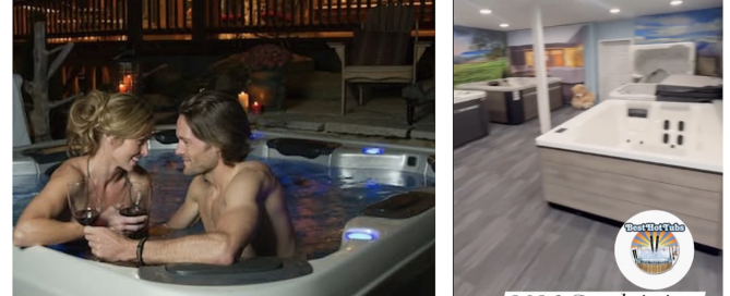 Double photo, first a couple in a hot tub sitting close and obviously in love, second photo is of Best Hot Tubs showroom fun of newly arrived hot tubs, their logo and note that says 2026 Stock is in