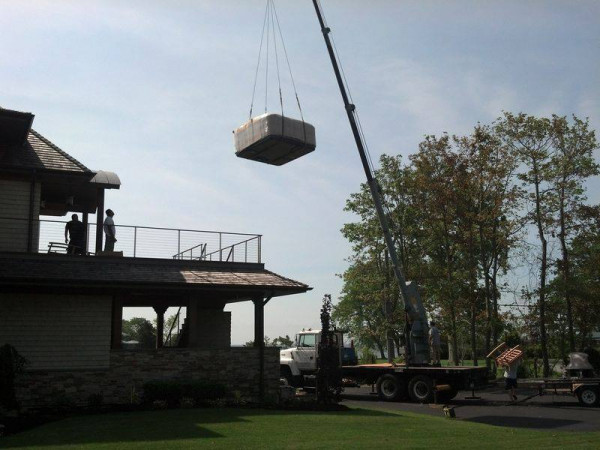 Hot Tub Delivery: Catskills - Not all our crane assisted deliveries are in New York City. This one in the Catskills required a crane to get this heavy hot tub up on the level the clients wanted.