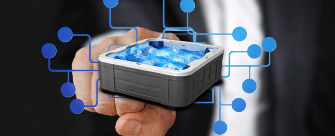 Optic cable showing cyber movement through blue dots and a hand holds a hot tub suggesting buying a hot tub online