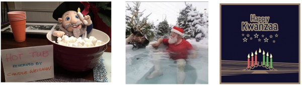 Mensch on a Bench/Pinterest; Santa in Bullfrog Spa; Kwanzaa Art